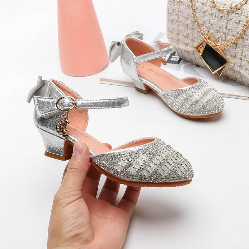 ULKNN Children Bowtie Rhinestone Fashion Sequins Leather Sandals Princess Girls Kids Soft Bottom 3 4 5 6 7 8 9 10 11 12 Years