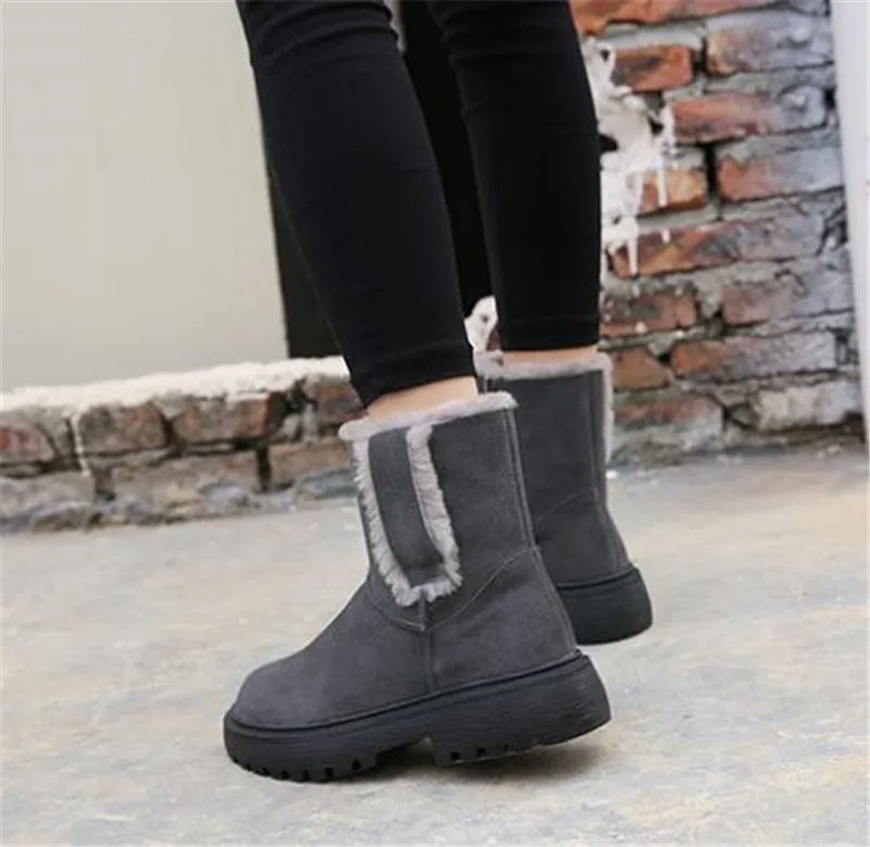 New Matte Cowhide Thick Wool Boots Women Warm Shoes Snow Boots Non-slip Gray Black Shoes Leather Boots Winter Shoes Woman Boots