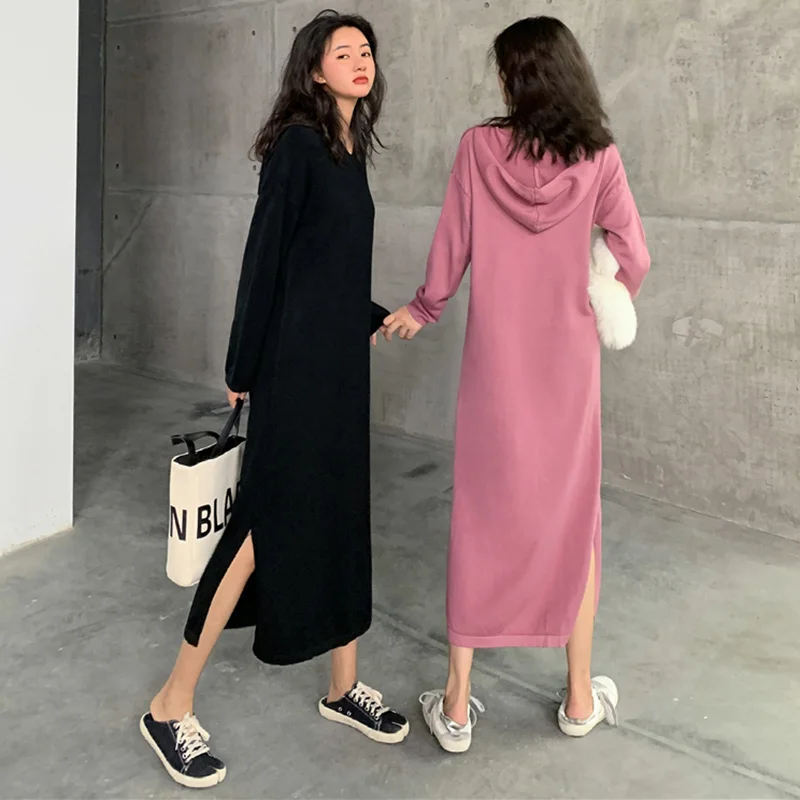 

2019 Chic Knitted Sweater Long Dress Women Autumn Winter long sleeve Hooded long sleeve Dresses Streetwear Black Dress vestidos
