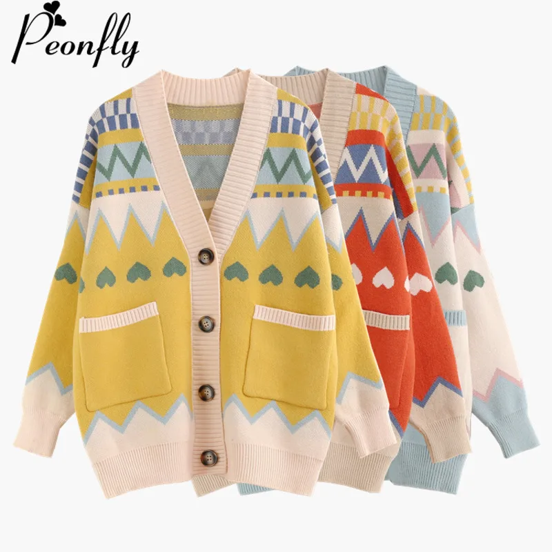 

PEONFLY Fashion Women Sweater Cardigan Loose Geometric Pattern Knitted V Neck Single Breasted Vintage Cardigans Femme Jumper