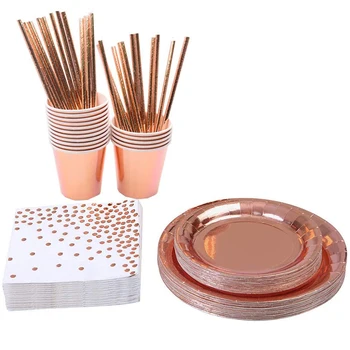 

Rose Gold Party Tableware for 16 Guests Disposable Tableware(Gilding Paper Cup/Plate Napkins Straw)for Weddings/Birthday