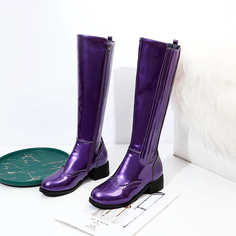 FEDONAS/Новинка; женские сапоги до колена из лакированной кожи; модные вечерние сапоги для ночного клуба; женские зимние теплые высокие сапоги для верховой езды; большие размеры - Цвет: Фиолетовый