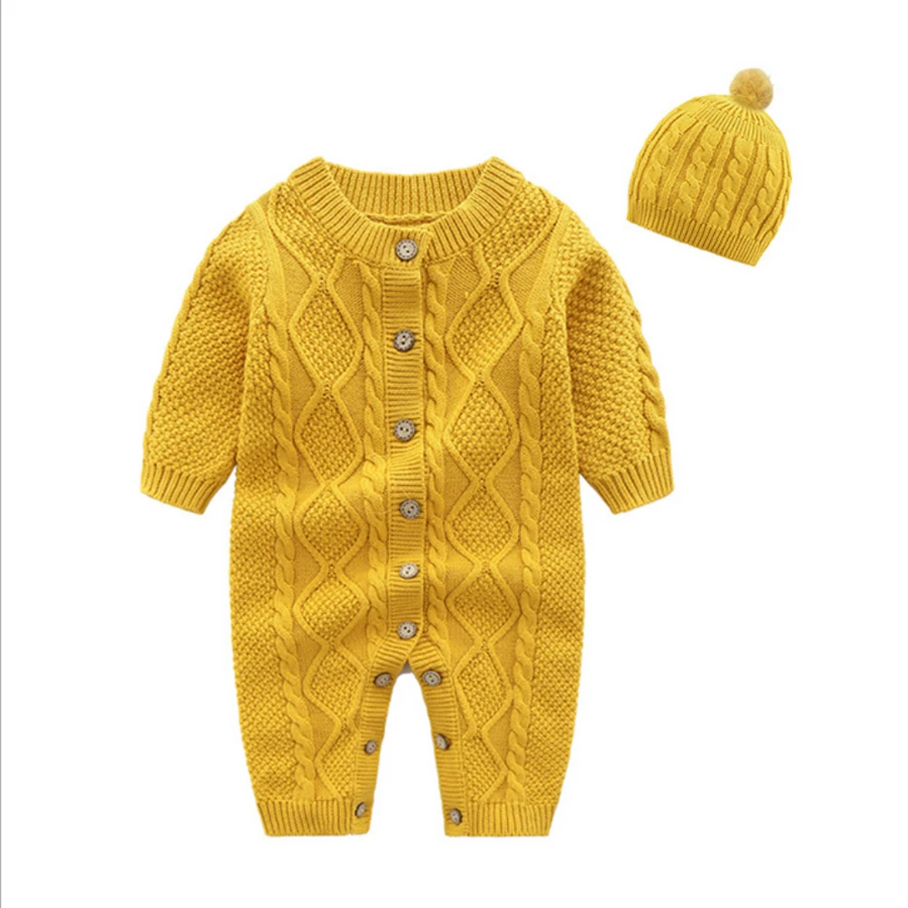 Newborn Baby Girl Boy Sets Knitted Button Romper Jumpsuit Hat 2Pcs Autumn Winter Warm Clothes Baby Solid Outfits 0-18M