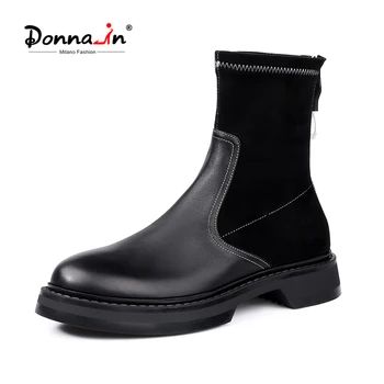 

Donna-in Genuine Leather Black Zipper Comfortable Short Boots Women's Autumn and Winter New Thick-soled Round Toe Martin Boots