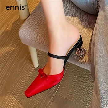 

ENNIS 2020 NEW Satin Red Heels Women Mules Genuine Leather Slippers Pointed Toe Pumps Thin High Heels Fashion Summer Shoes P0040