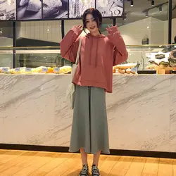 Весенняя одежда, женское платье, 2019, корейский стиль, свободный крой, сплошной цвет, разрез, шнуровка, худи + высокая талия, сплошной цвет