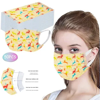 

50PCS Disposable Face Mask Unisex Printed 3-Layer Ear Loop for Masks Adults Chirstmas Printing Washable Protective Mascarilla