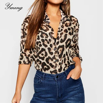 

YMING Sexy Chiffon Women Blouse Leopard Long Sleeve Tops Button Office Tunic Casual Blusas Turn Down Collar Woman Blouse Shirts