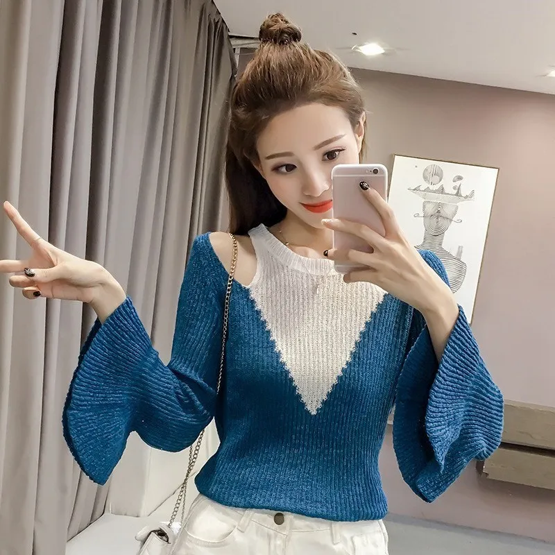 Tide Vogue женские Повседневные свитера с открытыми плечами из кусков с круглым вырезом трикотажные пуловеры Модные осенние тонкие топы с расклешенными рукавами