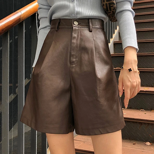 Vintage PU Leather Shorts Women Autumn 