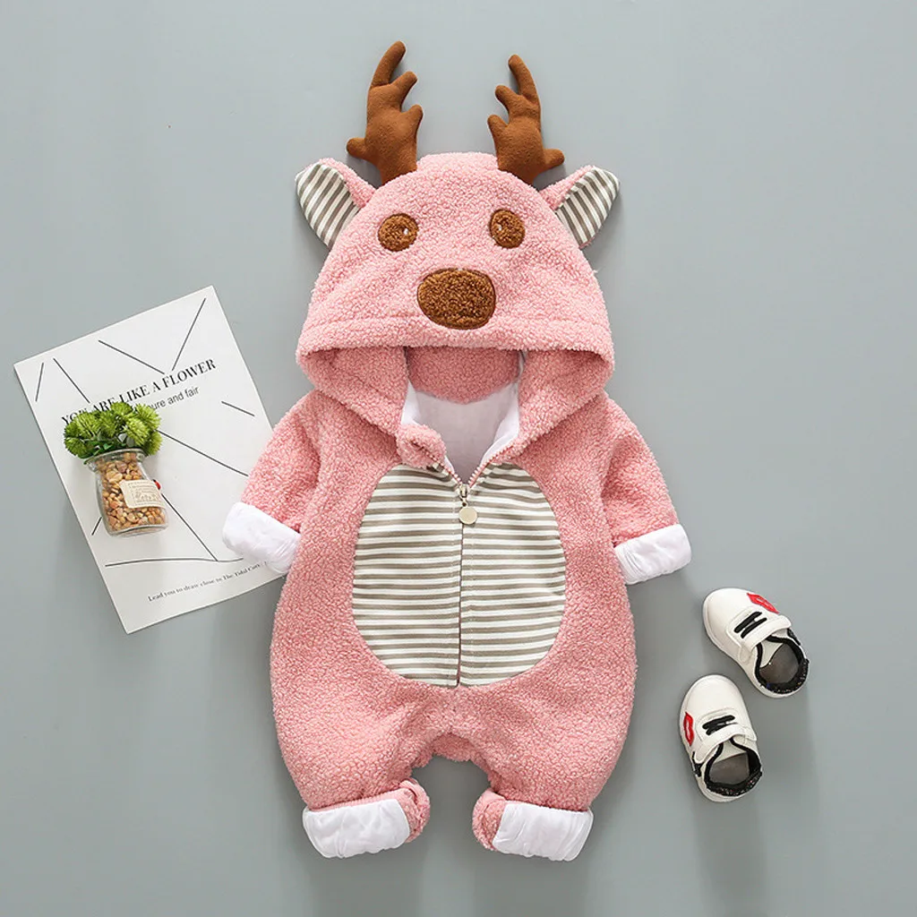 Hooded Baby Rompers New Born Baby Clothes Newborn Fleece Cartoon Winter Coat Warm Jumpsuit Christmas Coat Antlers Outwear Wy4