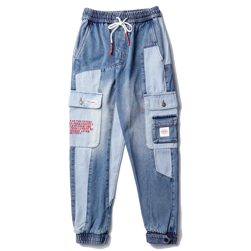 Aolamegs джинсы мужские забавные Карманы Мужские джинсовые штаны эластичный шнурок на талии Лоскутные рабочие джинсы брюки высокие уличные брюки - Цвет: blue