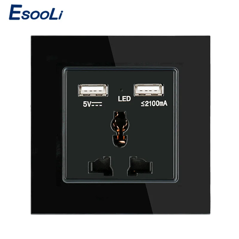 Esooli универсальная стеклянная панель с двойным usb-портом для зарядки 2.1A адаптер настенного зарядного устройства 110~ 250 В розетка 13A
