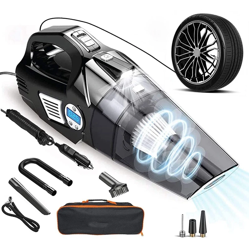 Car Vacuum Cleaner 4 In 1 Tire Inflator With Digital Tire Pressure Gauge Led Light 12V 150W