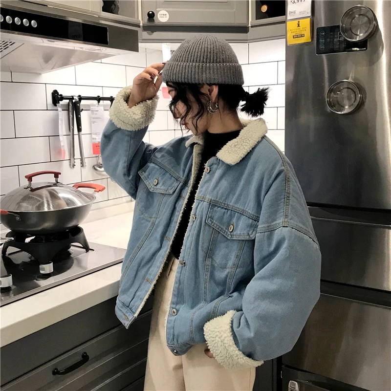 South Korea Autumn And Winter New Style Retro Lambs Wool Loose-Fit Fold-down Collar Cotton-padded Clothes Brushed And Thick