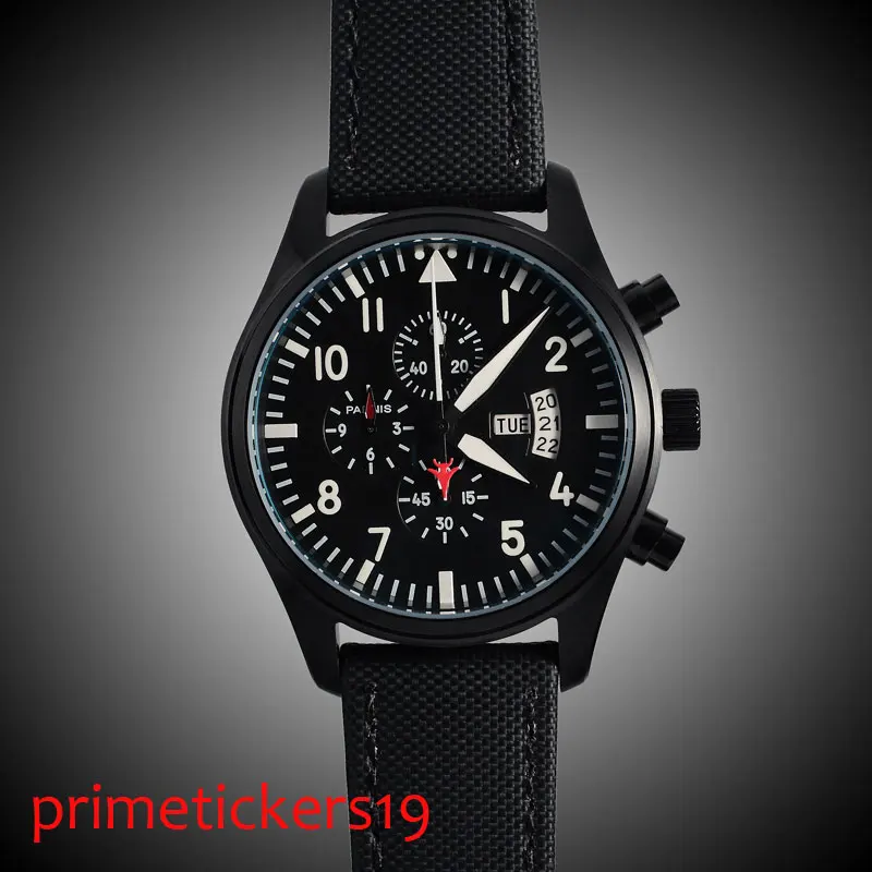 

Black dial PVD coated case 42mm day date quartz chronograph mens watch white marks