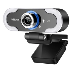 Webcam HD 1080P 2K avec éclairage LED, Mini caméra USB avec Microphone, pour diffusion en direct, ordinateur, vidéo 