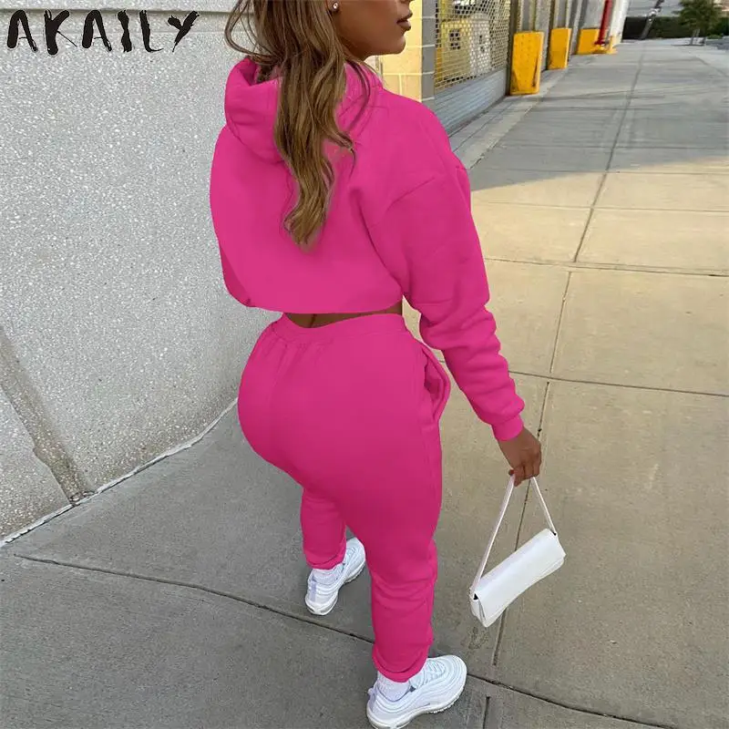 womens pant suit set Akaily Autumn Fleece Pink 3 Three Piece Sets Tracksuit Women Outfits Sweatsuits Long Sleeve Hoodies Crop Top And Pants Sets Suit formal pant suits