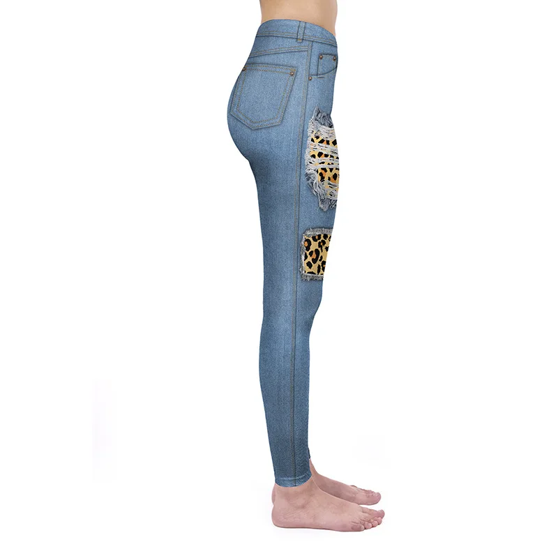 Fashion Women Leggings Leopard Grain Sport Leggings Ripped Denim 3D Printed Workout Leggings Fitness Women Pants  Street Style