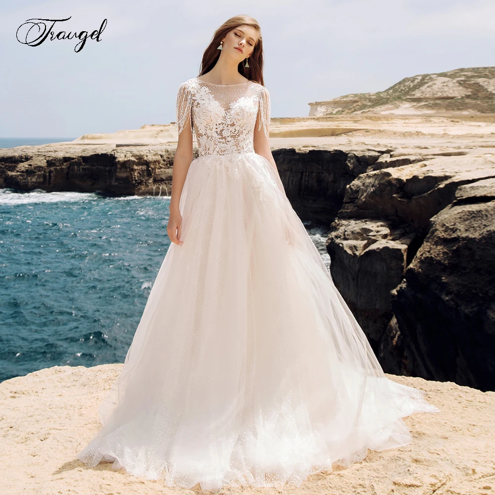

Traugel A-Line Beach Wedding Dresses O-Neck Tassel Sleeveless Vestido De Novia Shiny Lace Beaded Court Train Robe De Mariee
