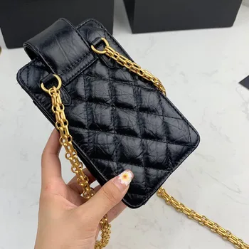 

Women/Men Luxury Designer Genuine Leather Qulited Mini Phone Bag Purse Card Holder Gold Buttons Chain Shoulder Bag Crossbody Bag