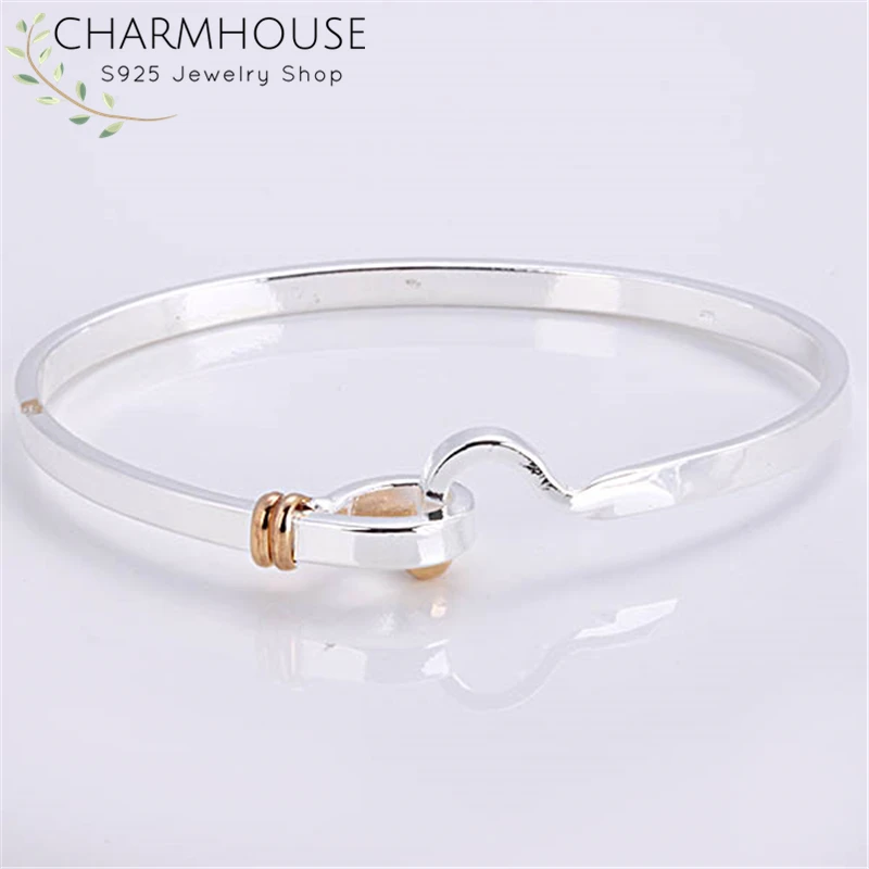 Charmhouse Pure Silver Bangles For Women Gold Color Hook Cuff Bangle