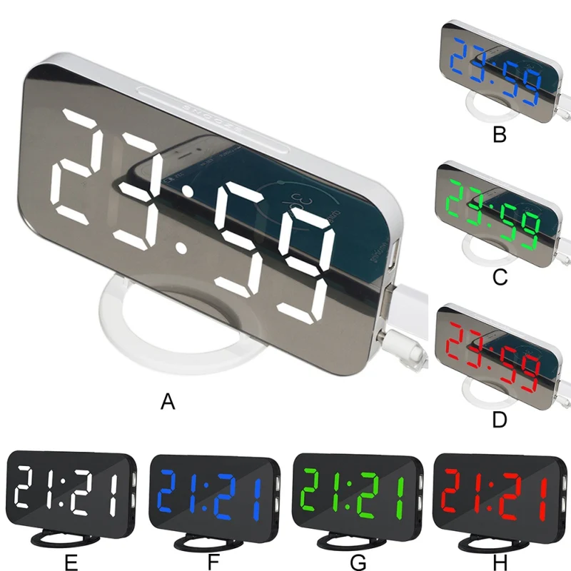 

1PC LED Mirror Alarm Clock Dual-USB Output For Mobile Phone Charging Snooze Table Clock Wake Up Light Home Decoration Clock
