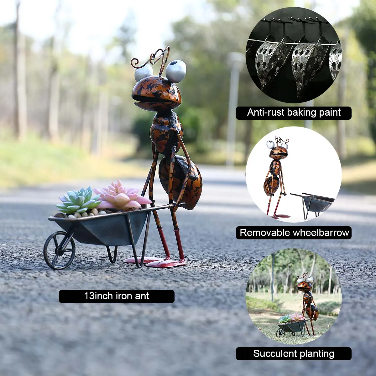Tooarts 13inch Ant Sculpture Iron Cartoon Ant With Removable Bucket Garden or Desk Decor Succulent Flower Pot Trinket Storage