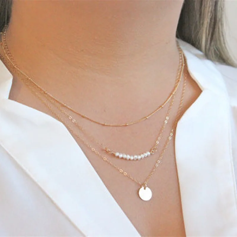 

2019 New Simple Sequins Coin Pearl Multilayer Chain Tassel Tiny Clavicle Necklaces Set For Women Jewelry Birthday Gift CND90