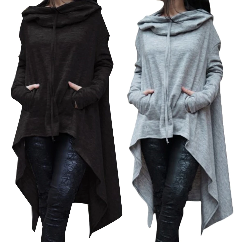  Autumn Plus Size Women Asymmetric Hoodie Solid Color Long Sleeve Hem Fishtail Hoodie Sweatshirt Pul