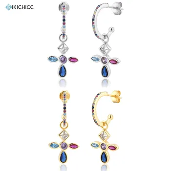 

Kikichicc 925 Sterling Silver Colorful Cross Drop Earring Big Pendientes Women Ohrringe Piercing Women Circle Fashion Party
