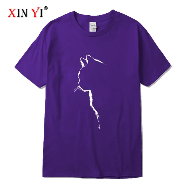 XINYI Men's T-shirt Top Quality 100% cotton short sleeve cool cat print casual loose men t shirt o-neck t-shirt men tee shirts Purple-2018312
