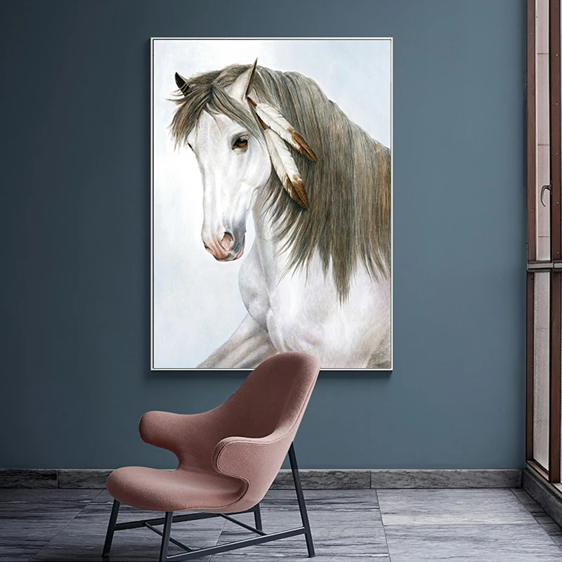 

Nordic Style Animal Posters and Prints Canvas Painting White Horse with Feather Wall Pictures for Living Room Cuadros Home Decor