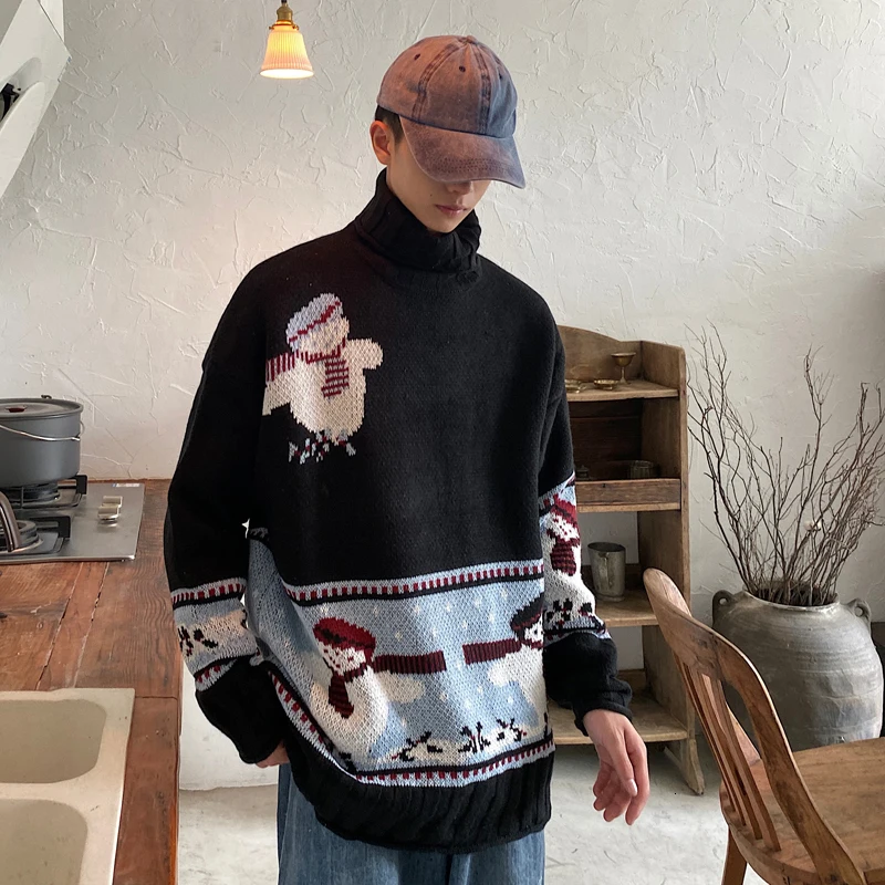 

Men's sweater 2019 autumn and winter new high collar cartoon print sweater youth personality fashion trend men's clothing
