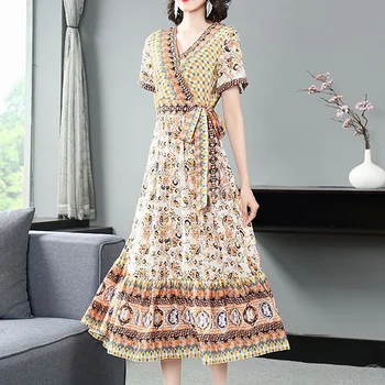 

Long Dress Summer New Women'S Party Casual Vintage Printing Stitching Chic Gentlewoman V-Neck Streamer Elegant Chiffon Dresses
