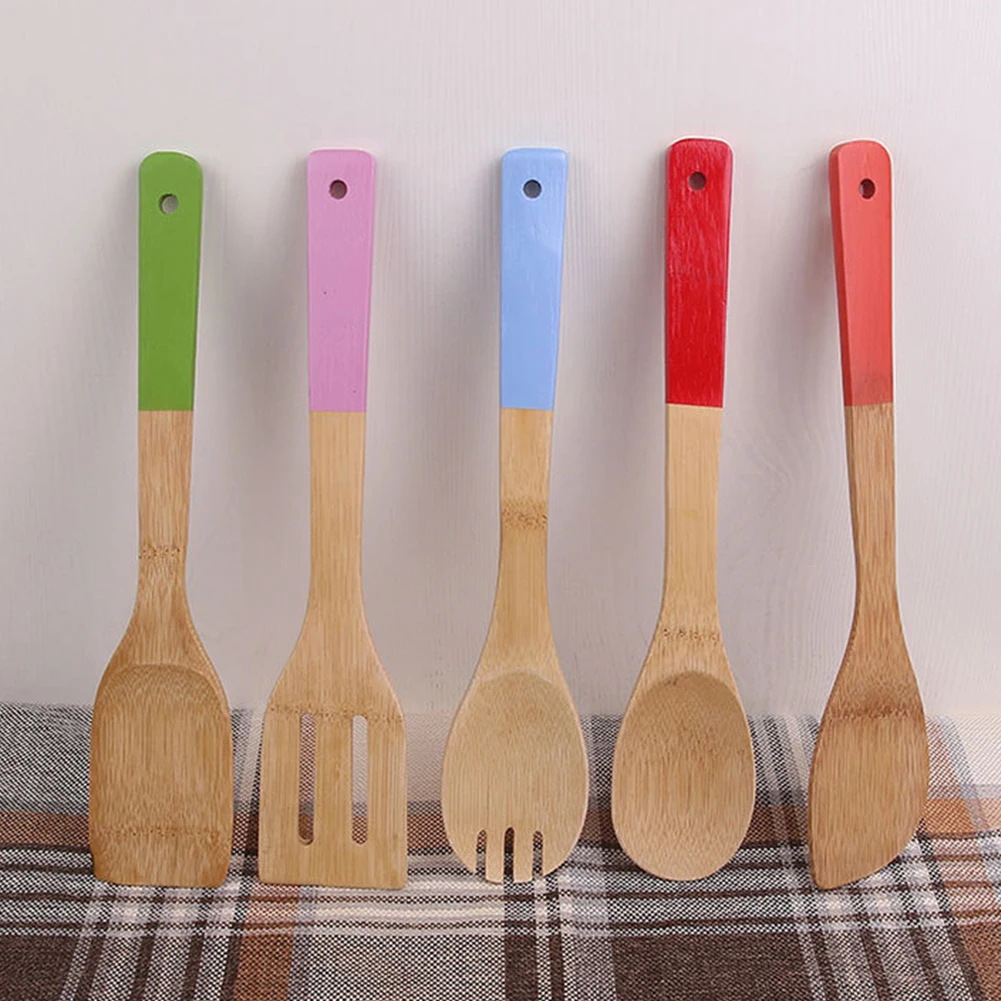 5 шт. прочный разноцветные ручка легкий комплект металлическая кулинарная лопатка посуда для дома из бамбука Кухня посуда с антипригарным покрытием безопасный