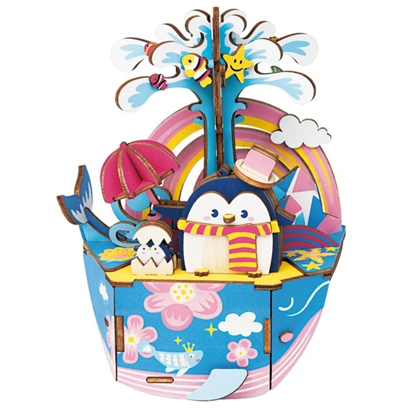 

Robotime Diy Cartoon Oceam Park Wooden Movable Music Box Clockwork Type Home Decor Beauty Gifts For Children Friends Amd51