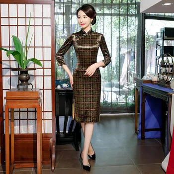

Vintage Velvet Ladies Evening Dress Mandarin Collar Cheongsam Elegant Knee Length Qipao Vestidos Size M-5XL