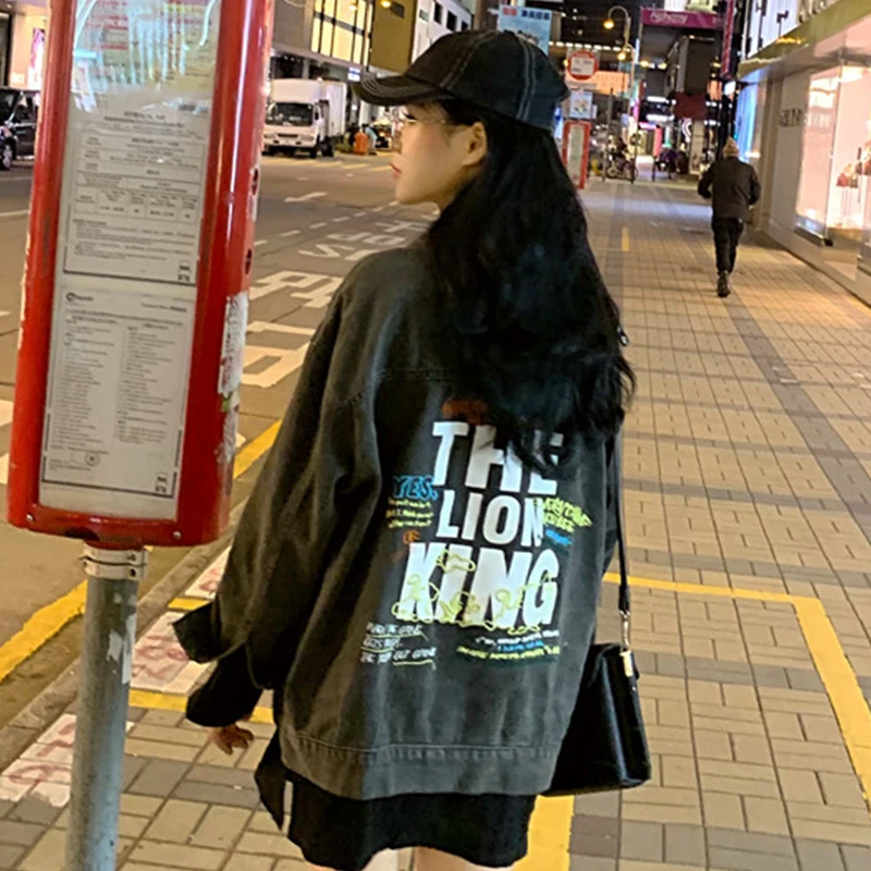 Женская джинсовая куртка BF Harajuku с вышитыми буквами, Осень-зима, толстая свободная черная джинсовая куртка в стиле хип-хоп, Женская Повседневная джинсовая куртка
