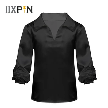 

Kids Boys Satin Finish Latin Ballet Shirt Dance Costume Long Sleeves Spread Collar Pull-on Dance Training Exam Stage Performance