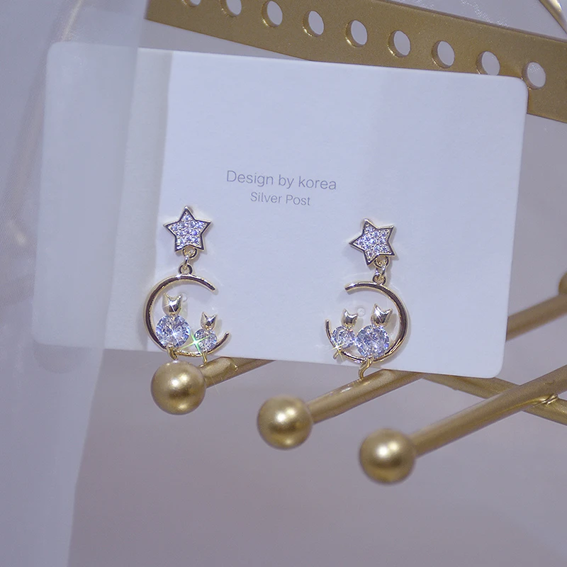 Cute Little Cat Shine Zircon Women Earring Bling AAA Zircon 14K Plated Gold Stud Earring Daily Anniversary Star Jewelry Pendant