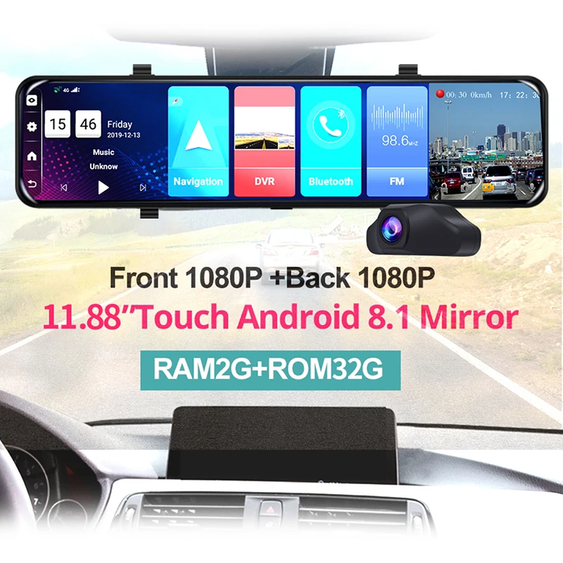 Автомобильный видеорегистратор на зеркало заднего вида 12 дюймов Android 8 1 4G Wi Fi GPS с
