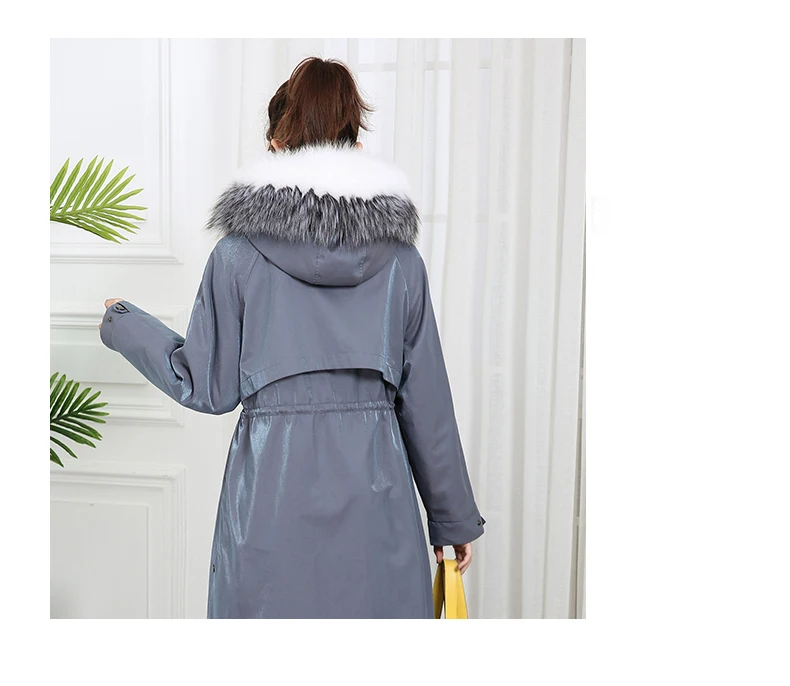 Fur Parkas Highstreet Real Fox Fur Hooded Drawstring Waist Rabbit Fur Lining Long Coat Women Winter Office Lady Workwear Outwear