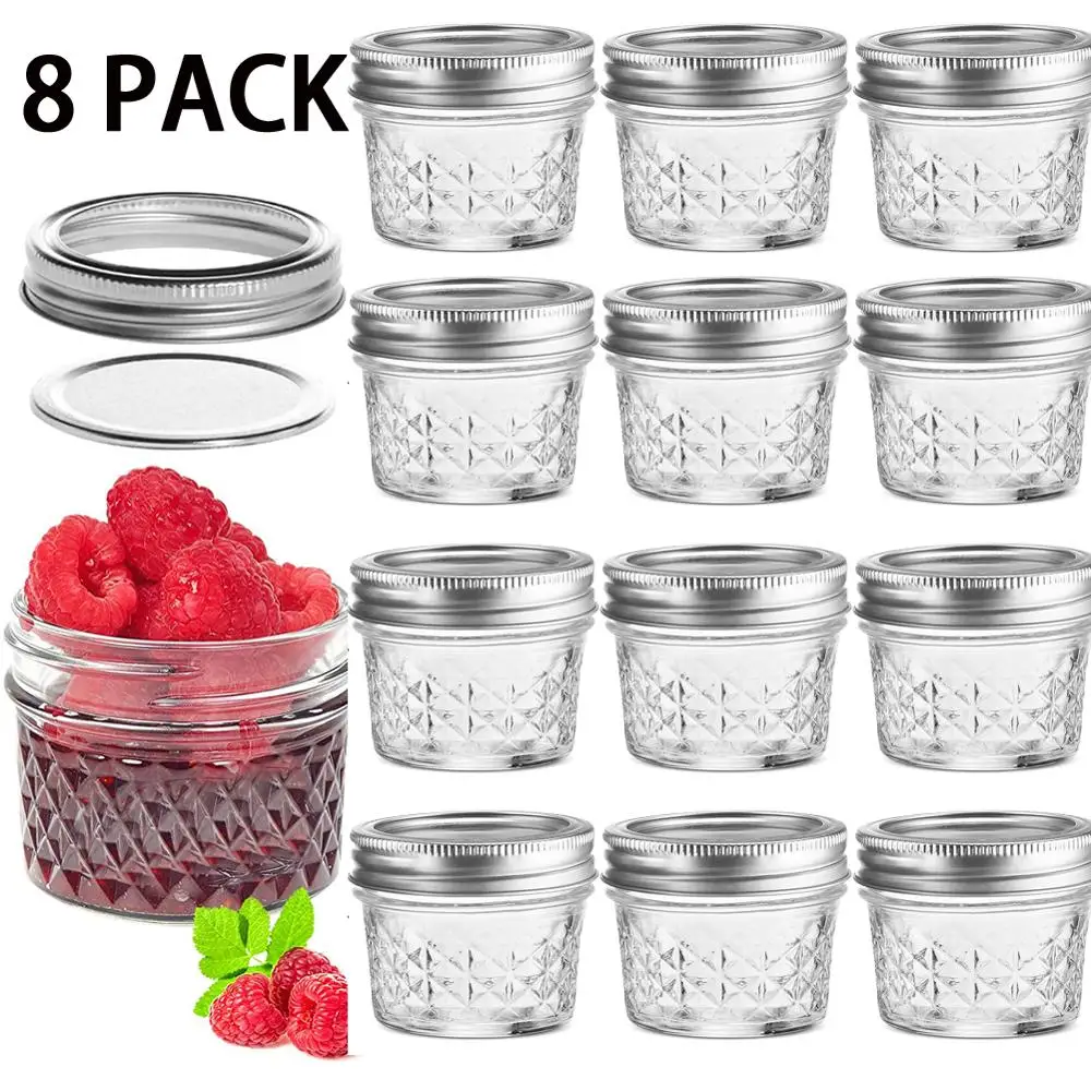 

8 PACK Regular Mouth Mini Mason Jars with Lids and Bands,Quilted Crystal Jelly Jars for Canning, Overnight Oats, DIY Jars