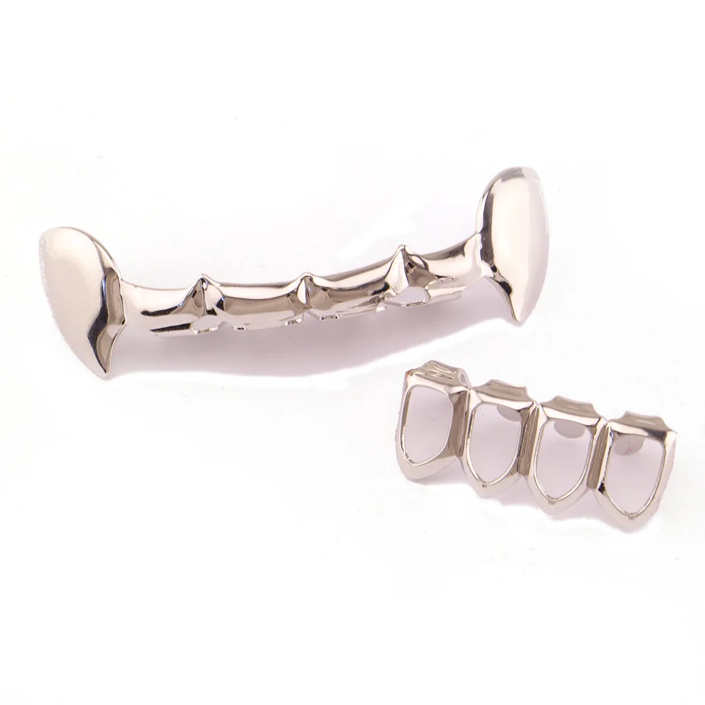Gold Plated Electroplated Spike Hip Hop Bling Teeth Fangs Caps Top Bottom Grill Rapper Set 4