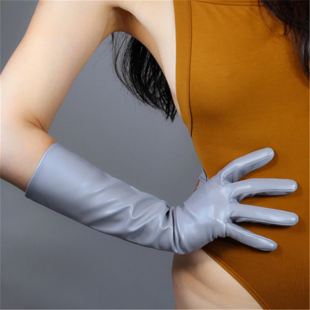 

40cm Women Leather Gloves In The Long Imitation Leather Sheepskin Silver Gray Light Gray 3-PUQHS40