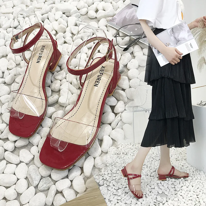 

2019 Summer New Style Transparent A- line Buckle Mid-Heel Shoes Women's Summer Versatile Every Evening Shoes Net Red Chunky-Heel