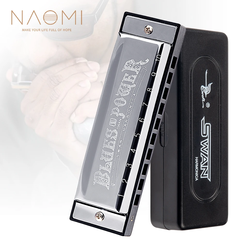 

NAOMI Swan10 Holes Diatonic Harmonica Stainless Steel Cover Brass Reed Key C Blues Jazz Band Mouth Organ Instruments With Case