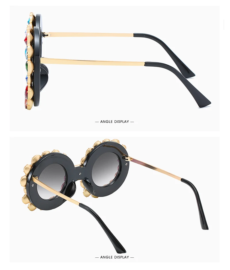 FU E Gorgeous Women Sunglasses Crystal Diamond Handmade Round Eyewear UV400 Mirror Lens Flower Design Summer Sun Glasses