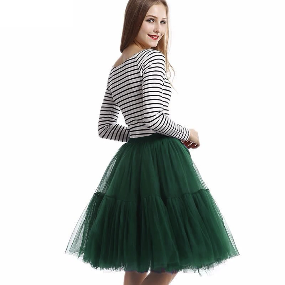 5 слоев 60 см юбка миди Тюлевая юбка эластичная талия винтажная юбка-пачка классический стиль Лолита Высокая талия женские Вечерние - Цвет: Green